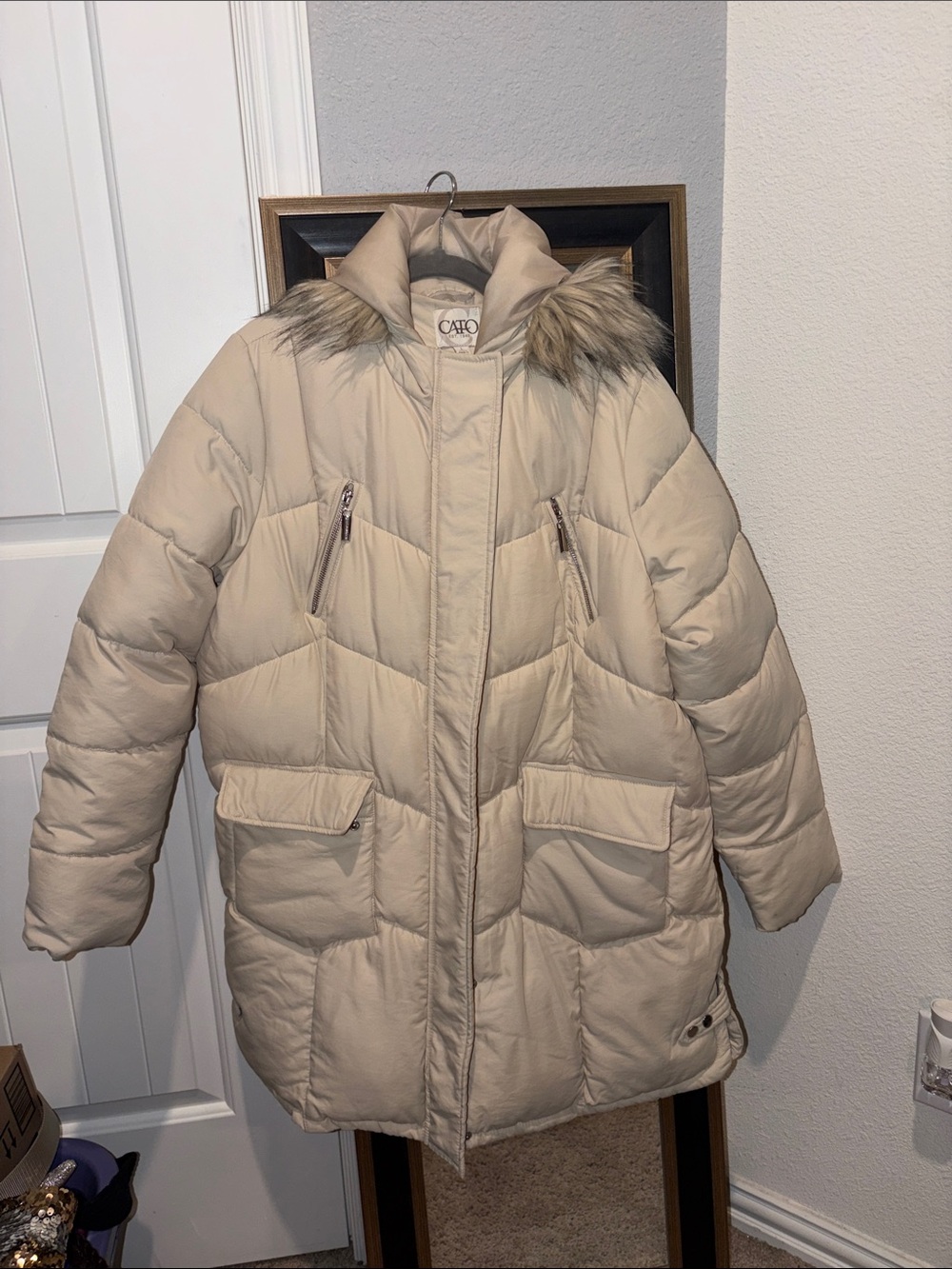 Cato Beige Puffer Coat with Faux Fur Trimmed Hood